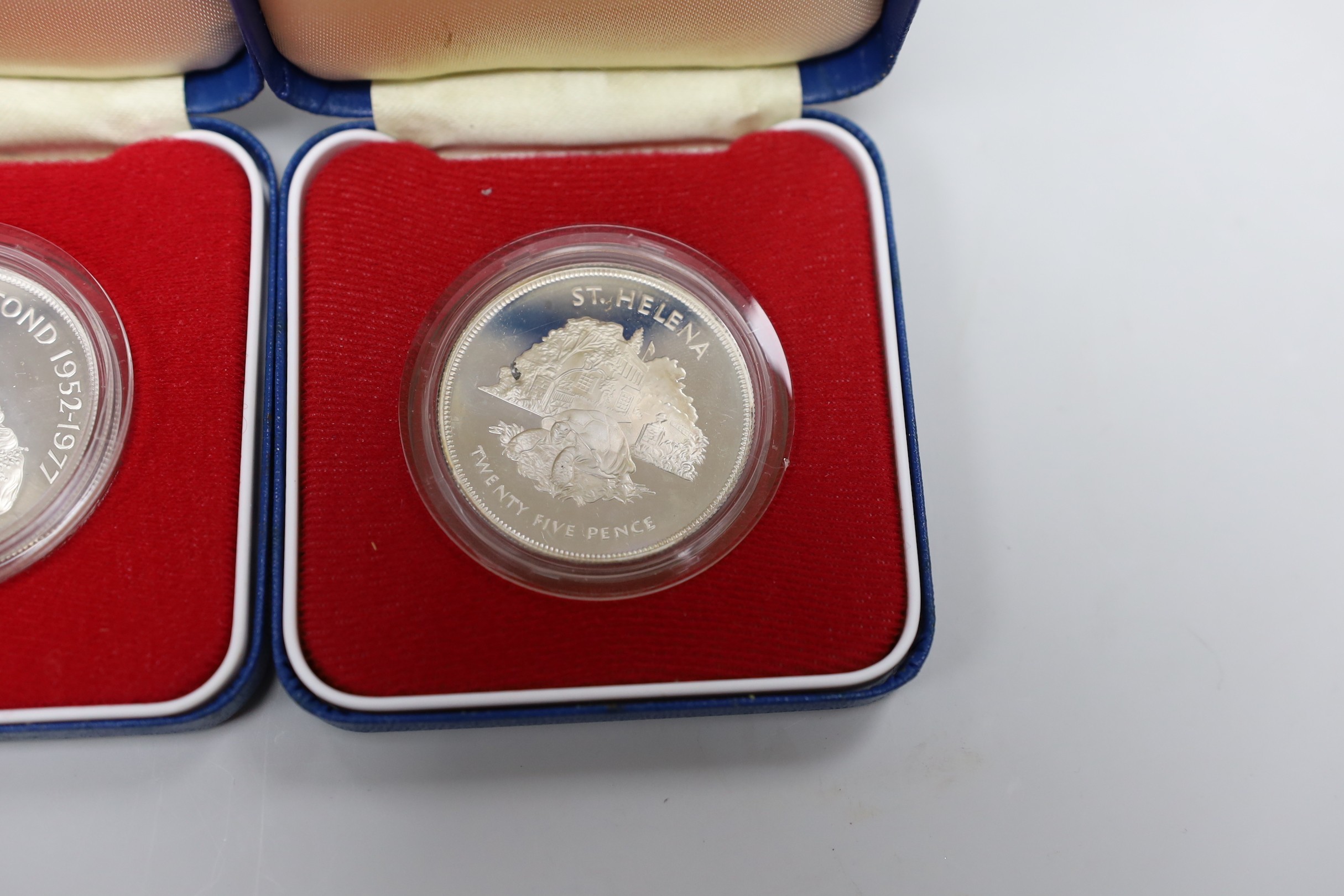 Royal Mint proof silver coins - three QEII UK Silver Jubilee crowns and four Commonwealth crowns (7)
